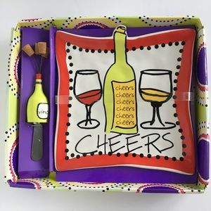 Mud Pie Ceramic Cheese Tray "CHEERS" New NIB Wine Theme Knife Spreader.
